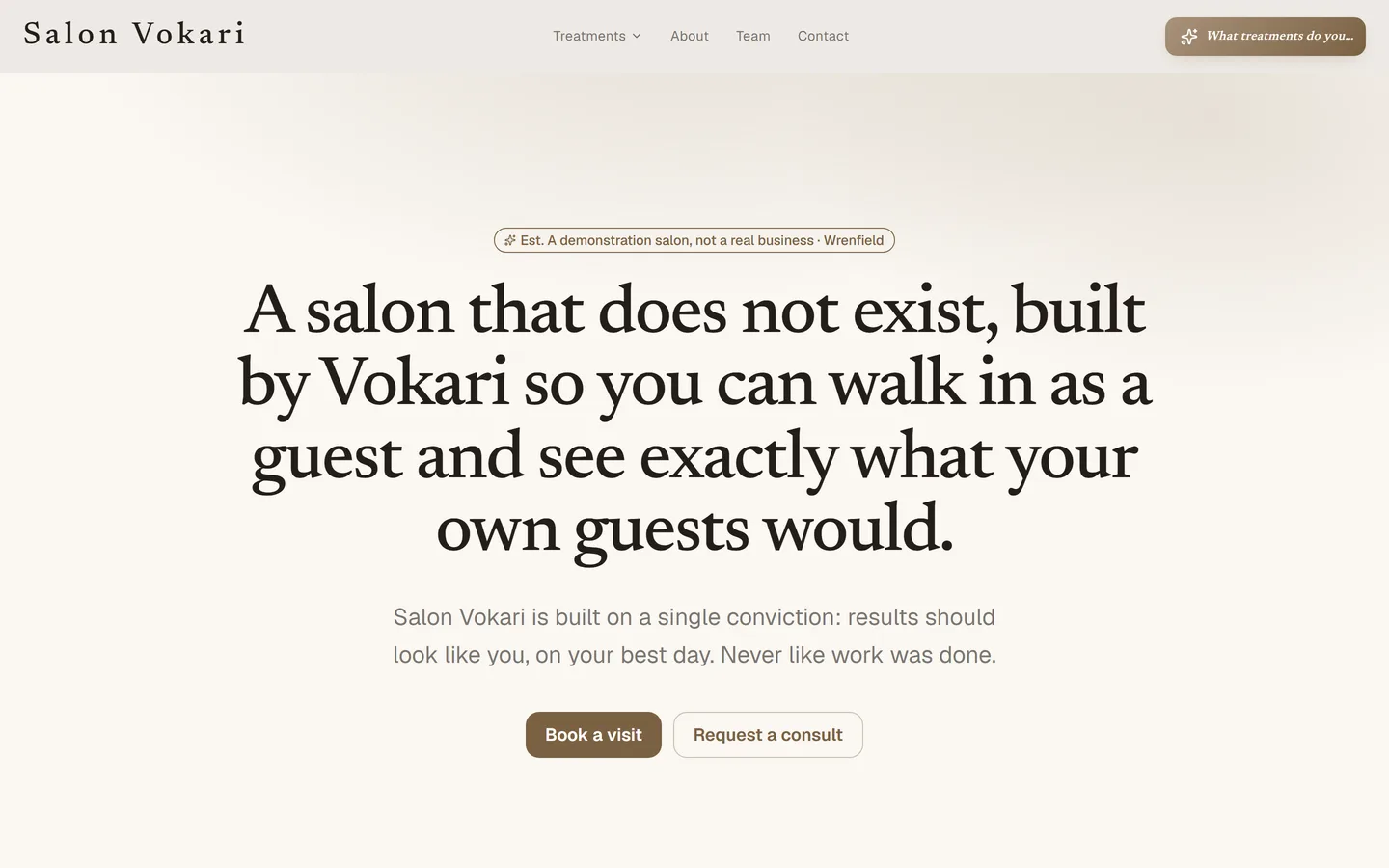 Salon Vokari's website as a guest first sees it, with the concierge resting in the top right of the navigation.